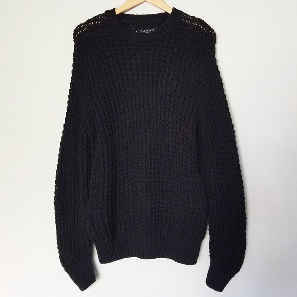 AllSaints Men's M Illund Waffle Stitch Crew Neck Sweater Organic Cotton Black - Picture 6 of 16